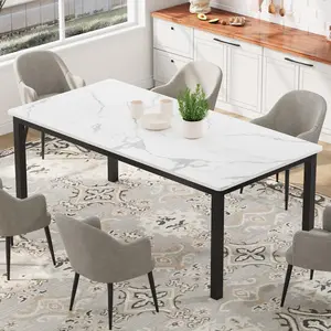 GARVEE 79 Inch Industrial Dining Table, Large Rectangle Kitchen Table with Metal Legs, Round Corners, Wooden Conference Tables Writing Desk for Dining Room, Living Room, White Faux Marble