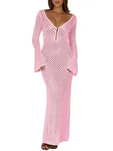 FISOEW Womens Crochet Maxi Cover Up Dress Beach Swim Vacation Coverups Long Sleeve Sexy Bodycon Summer Knit Dresses Cute Pink