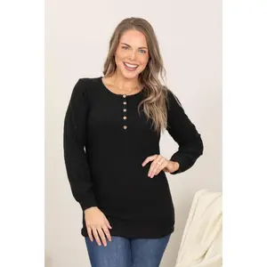 Black Hacci Ribbed Top With Faux Buttons