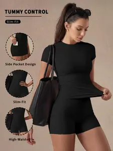 Women's Sportswear Set, Waist-Cinch Top with Pocketed Shorts, Tummy Control Yoga, Ideal for Gym, Running, Daily Commute, Summer Athletic Wear