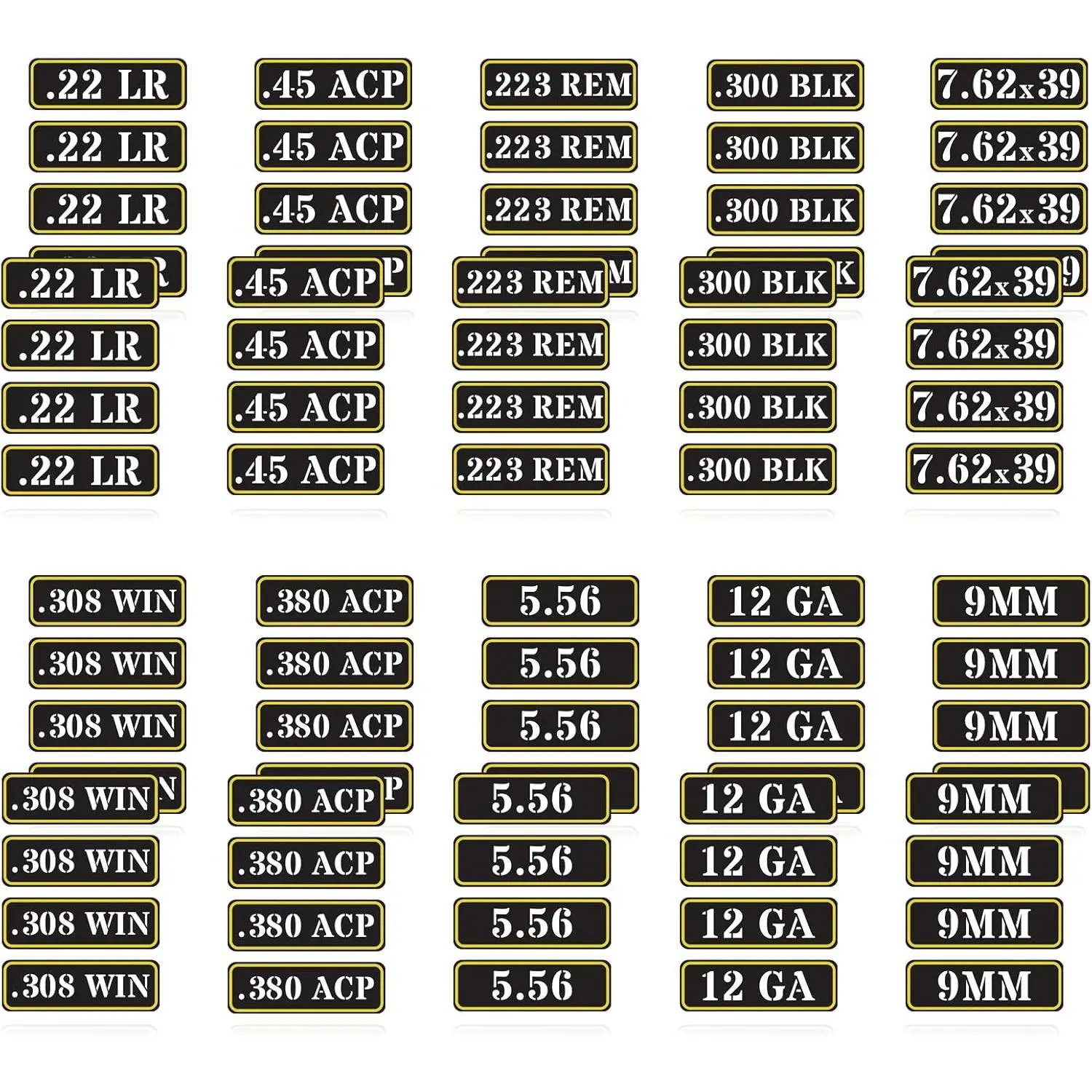Can Vinyl Sticker Set Decal Label for Cans Cases Boxes .22 .223 .308 9MM .380 .45 5.56 7.62 12GA 300BLK Black (80 Pack/10 Varieties)