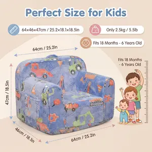 Kids Couch, Comfy 2-6 Years Old,, Toddler Couch Sofa, Kid Sofa  for Boys and Girls Gifts, Kids Recliner, Cartoon pattern of blue engineering vehicle