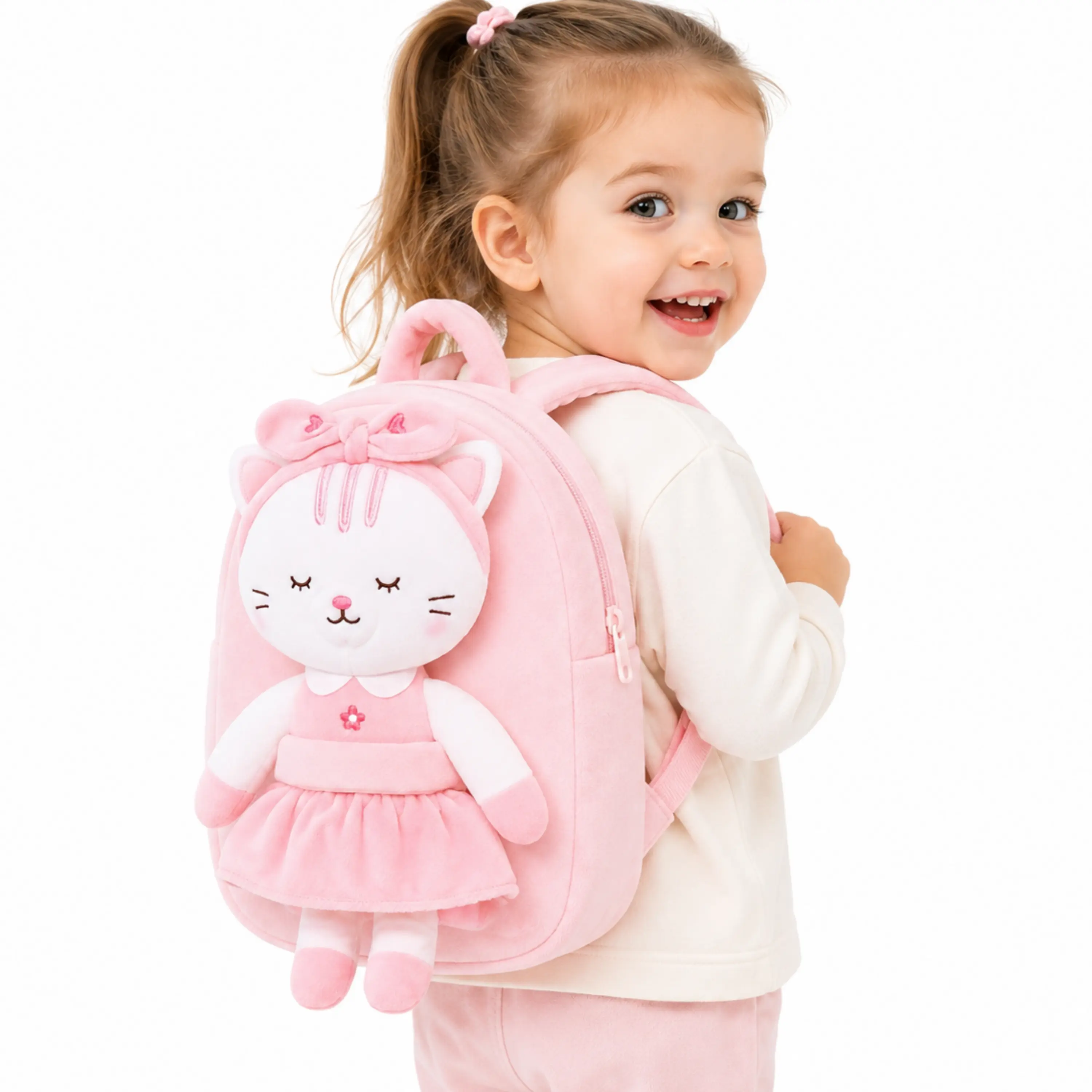 Pink Cat Toddler Backpack for Girls Ages 1–4, Soft Plush Preschool Bookbag for Daycare, Kindergarten, Travel and Daily Outings