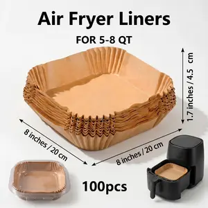 100 pcs nonstick square air fryer paper liners; thick double-sided silicone oil disposable baking paper, suitable for 5–8 quarts (approx. 4.7–7.6 L) air fryers; baking supplies, kitchen supplies, cookware; food tray (8×8 inches / 20×20 cm); Bakeware