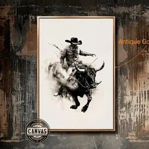 - Thrilling Rodeo Cowboy Framed Canvas Wall Art Dynamic Bull Riding Illustration Painting Print Western Wall Decor Large Poster Ready to Hang