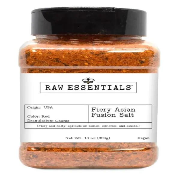 Raw Essentials Fiery Asian Fusion Salt - Spicy and Salty Seasoning - Great on Ramen, Stir-Fries, Salads, Gyoza - Coarse Blend - 13 Ounce Bottle