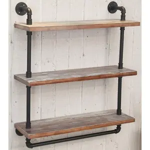 Industrial Wall Mounted Iron Floating Pipe Shelves/Shelving/Racks/Storage/Bookcases/Brackets, DIY Open Bookshelves/Shelving for Kitchen/Office, Retro Black (3-Tier Floating Shelves)