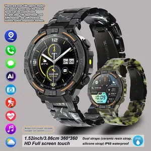 Outdoor smart watch, 1.53-inch touch screen wireless calling, with over 100 sports modes and watch faces, AI voice assistant, compatible with Android and iPhone, flashlight function, fitness watch wearable device, ceramic resin strap waterproof watch.