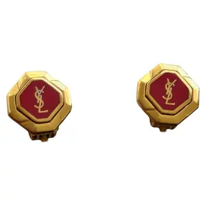 Pre-owned Yves Saint Laurent Vintage YSL Logo stud Earrings Authentic With COA Gold Red