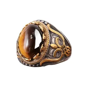 Men's Rings - 1 Pc Timeless Tiger Eye Ring, Fashion-Forward Vintage Oval Design, Punk Style Handmade Gemstone Ring With Bold Unique Details