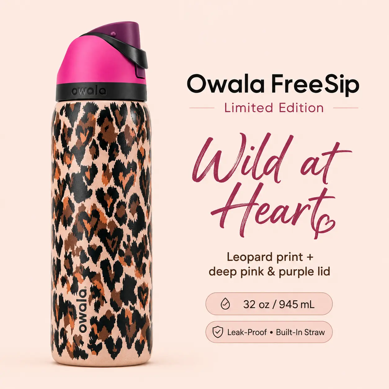 Owala FreeSip 32oz Wild at Heart Cheetah Leopard Print Stainless Steel Water Bottle