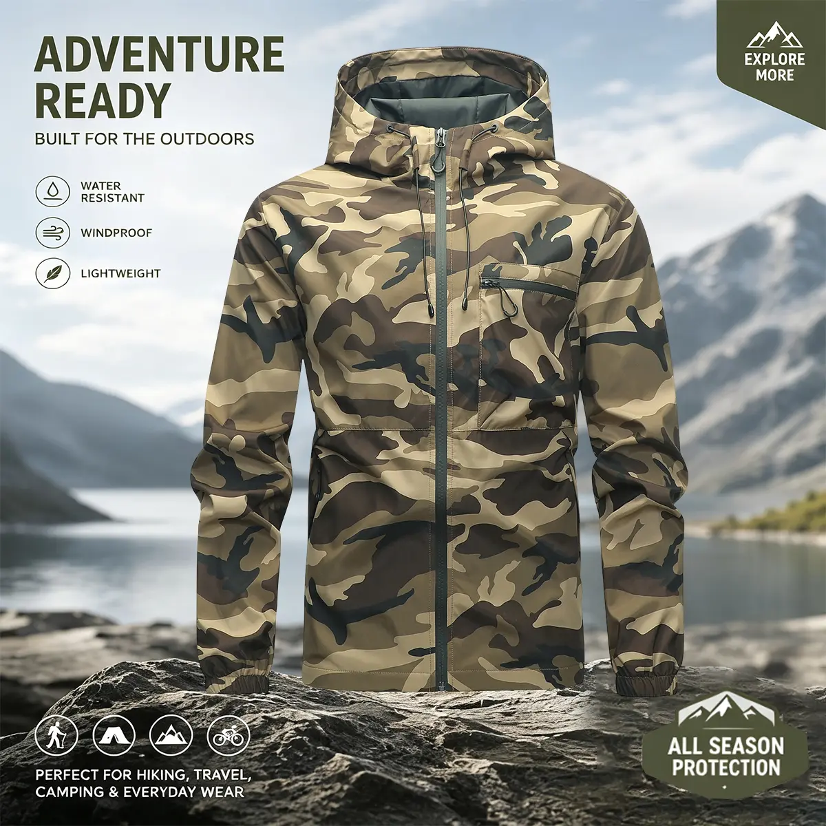 Men's Camo Hooded Windbreaker Jacket - Long Sleeve, Zip-Up, Lightweight & for Outdoor Activities, Running, Training & Casual Wear, Casual Wear Jacket | Zipup Jacket | Durable Outdoor Wear