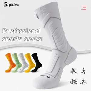 Men's mid-calf sports socks in a pack of 5 pairs. They feature sweat-absorbing mesh for breathability, shock absorption, and are wear-resistant. With terry cloth soles, these solid-color socks are suitable for basketball, running, football, Tubesocks
