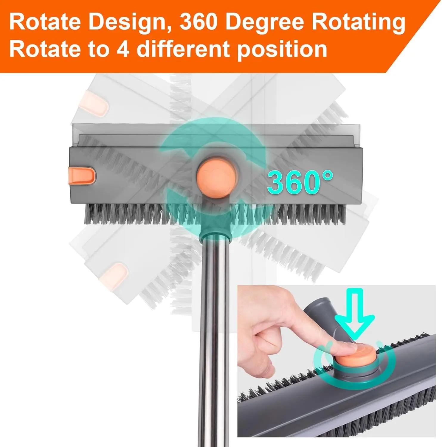 Livo-V 3-in-1 Adjustable Length Stainless Steel 360° Angle Scrub Rotatable Long Handle Brush + Squeegee, Durable Sturdy PVC Bristles Scrubber for Indoor/Outdoor Home Cleaning Supplies (Bathroom, Kitchen Use)