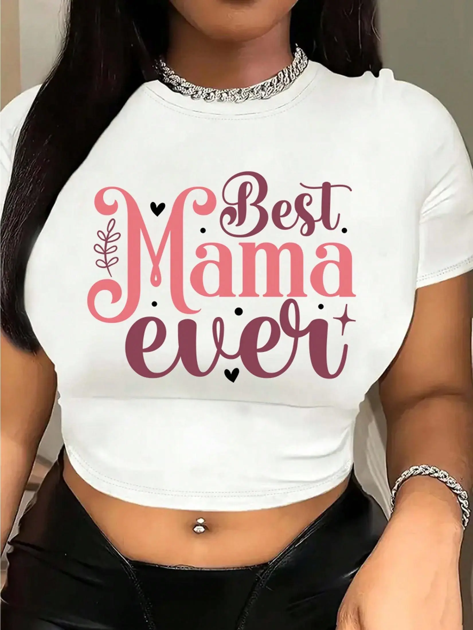 Women's 90G 100% Cotton White Cropped T-Shirt With Floral 'Mother's Day Tribute' Print, Short Sleeve Summer Crop Top, Fun & Stylish Exposed Navel Tee, Perfect Gift For Mom, Casual Outings, Special Occasions