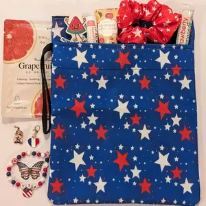 Patriotic Book Tablet Sleeve Bundle with Bracelet Pin Bookmark Scrunchie Charm Drink Flavoring Lotion Lip Balm Face Mask Sticker Red White Blue Star Design for Reading Organization Travel