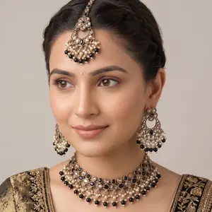 Premium Polki Indian Necklace set - Lightweight Necklace, Earrings & Maang Tikka with Bead Accents for Weddings & Festive Occasions