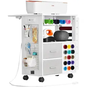 Spring new arrivals Rolling Craft Cart and Storage Table, Compatible with Cricut Machines, Crafting Table Organization Workstation with 2 USB Ports and Outlets, 15 Vinyl Roll Holders and 2 Drawers, for Craft Room