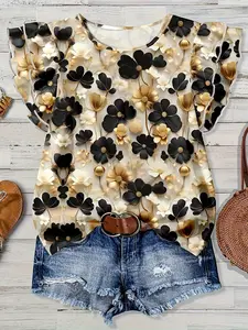 Women's Round Neck Short Sleeve Fitted Romantic Elegant Floral Plaid Print Shirt Top, Perfect for Outing, Commute, Date, Party, Fashionable and Unique, Casual Chic Top, Casual Blouse