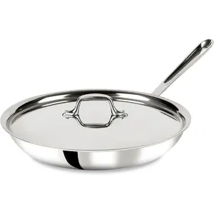 D3 12" Stainless Steel Frying pan W/Lid, 3-Ply Stainless Steel Pan, Induction, Oven Broiler Safe 600F Skillet, Professional Cookware, Silver
