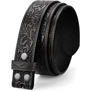 Western Belt Strap for Men without Buckle 1.5" Wide Floral Engraved Embossed Leather Belt Strap
