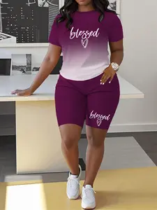 Two-piece Set Women's Ombre Print Short Sleeve Top & Skinny Shorts, Casual Round Neck Top  & Shorts for Summer, Ladies Clothes for Daily Wear