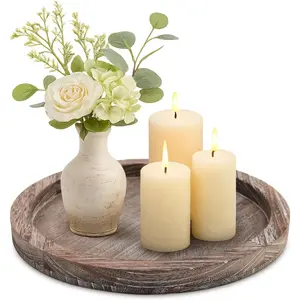 Round Decorative Wood Trays for Coffee Table Counter Farmhouse Kitchen Home Decor Centerpiece Small Wooden Candle Holder Tray Circular Serving Platter Circle Rustic Dining Table Bathroom Perfume Tray