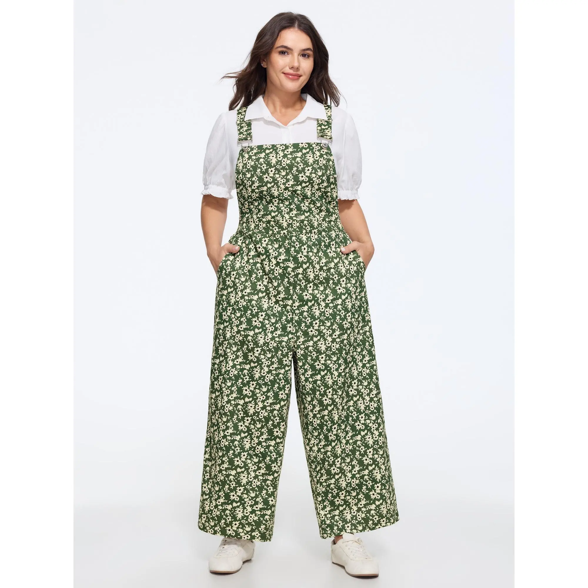 BloomChic Plus Size Floral Print Adjustable Strap Wide Leg Overalls Jumpsuit[M-6X] Back To School,Spotlight Day