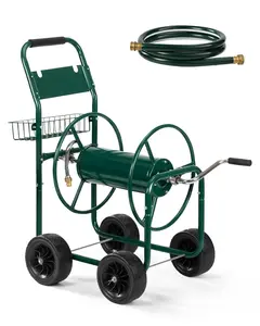 Garden Hose Reel Cart, Heavy Duty Water Hose Cart for Outside, Lawn Watering, for Garden, Yard, Lawn, Farm, Hold Up to 300 ft of 5/8’’ Hose, 4 Wheels, Storage Basket (Green)