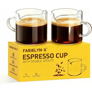 5 OZ Espresso Cups Set of 2, Double Spouts Cups, Shot Glasses, Milk Cup with Handle, Clear Glass, Espresso Accessories for Making Coffee Desserts Salad Dressing Machine (1 ounce more than others )
