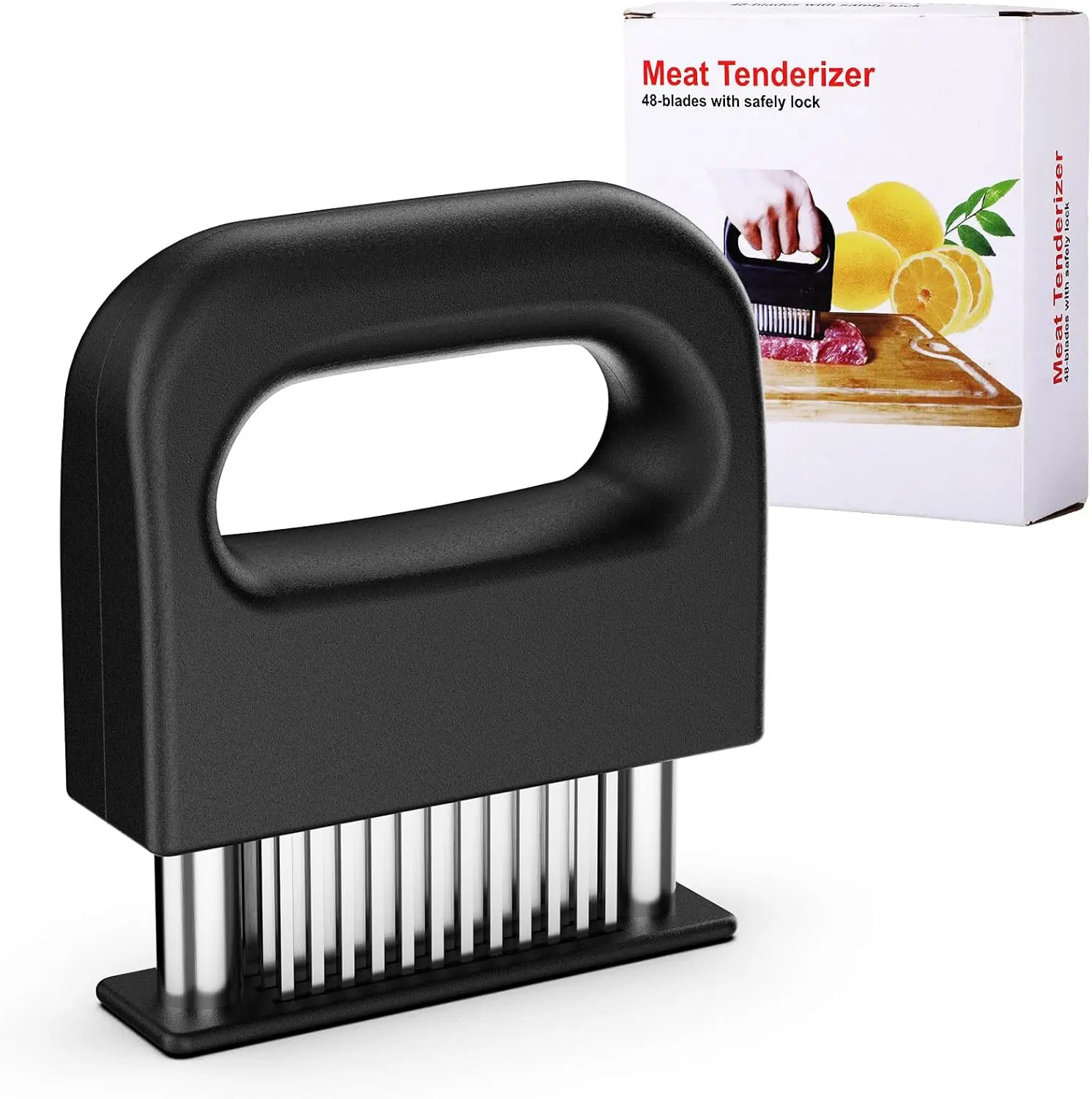 48-Needle Blades Stainless Steel Manual Meat Tenderizer, Heavy Duty Manual Tool with Safety Lock for Steak, BBQ Prep