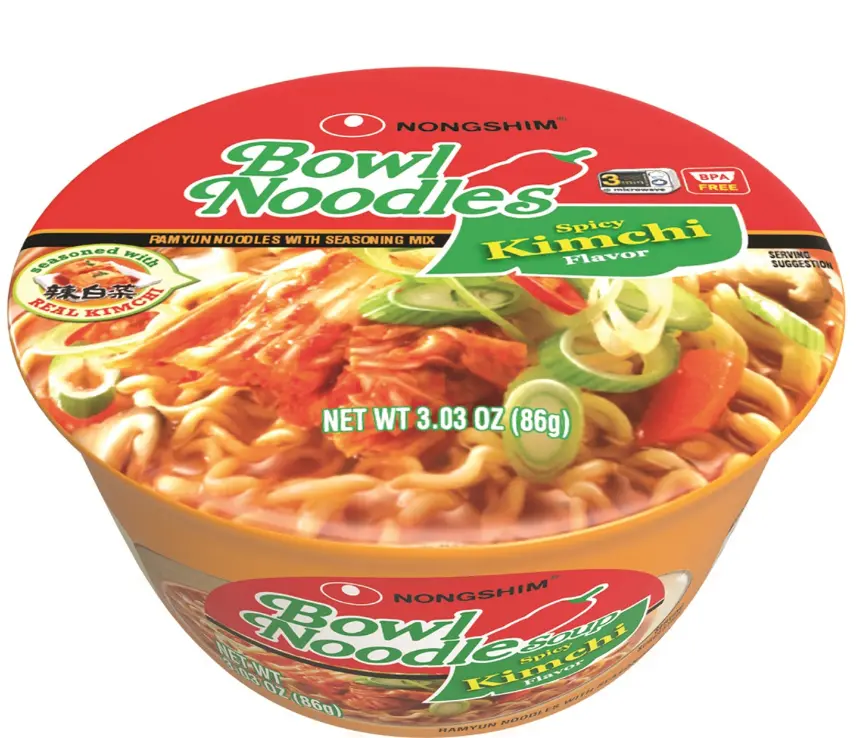 Nongshim Kimchi Instant Ramen Noodle Bowl Soup Mix, Korean Ramyun Food with Veggies, Microwaveable Pantry Instant Noodles