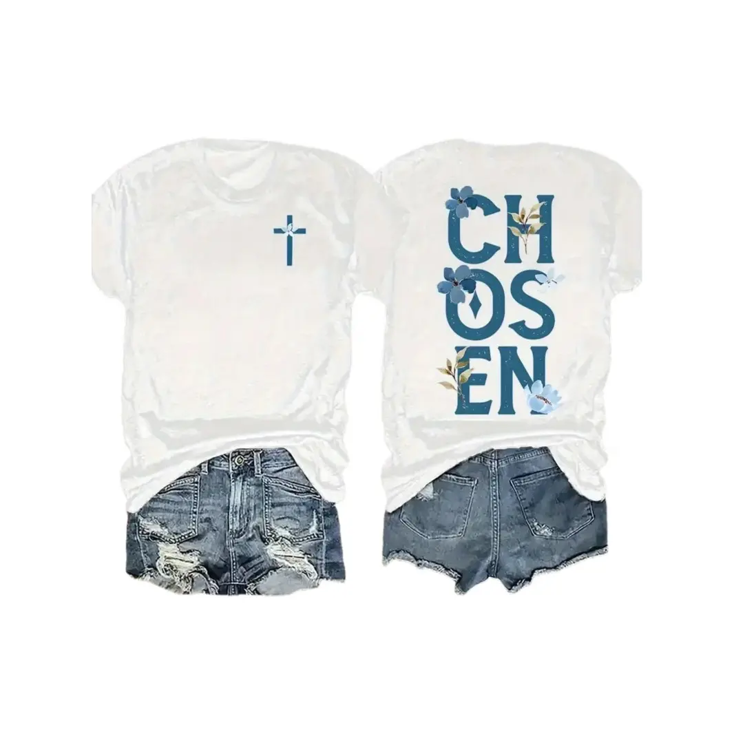 Womens Cotton Short Sleeve Graphic Tee Chosen Faith Cross Front Floral Letter Back Print Casual Summer Top For Church Sunday Worship Vacation And Everyday Outfit
