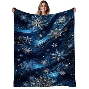 Luxury Snowflake Flannel Blanket - Heavyweight Winter Bedspread with Deep Blue & Golden Snowflake Pattern, All-Season Soft Warm Throw for Bed, Sofa  Christmas gift Dream Weave Home