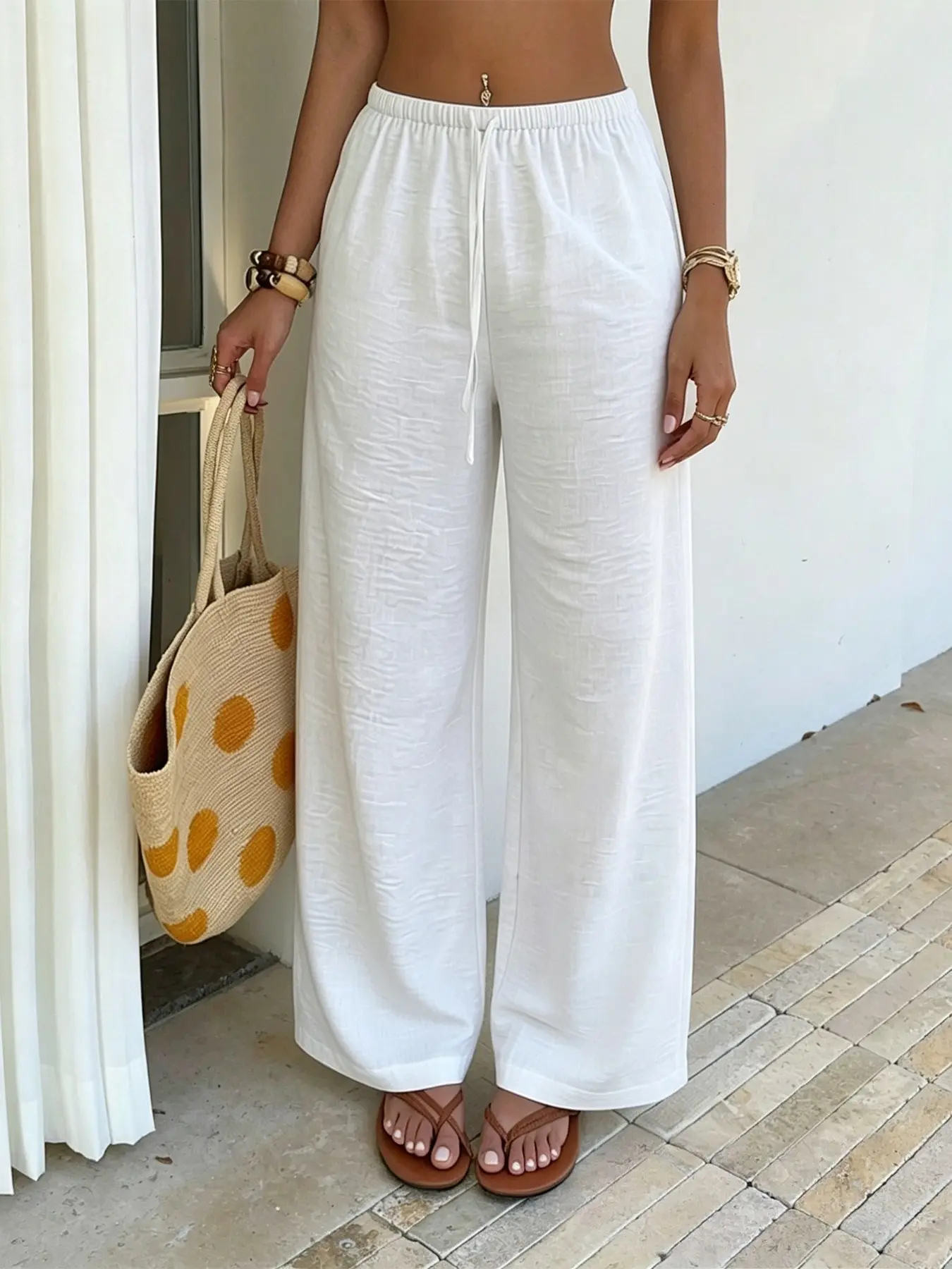 Women's White Loose Fit Wide Leg Trousers, Minimalist Comfortable Elastic Waist Lightweight Casual Pants Bottoms, Casual Fashion Bottoms For Summer Beach & Daily Leisure Outfits