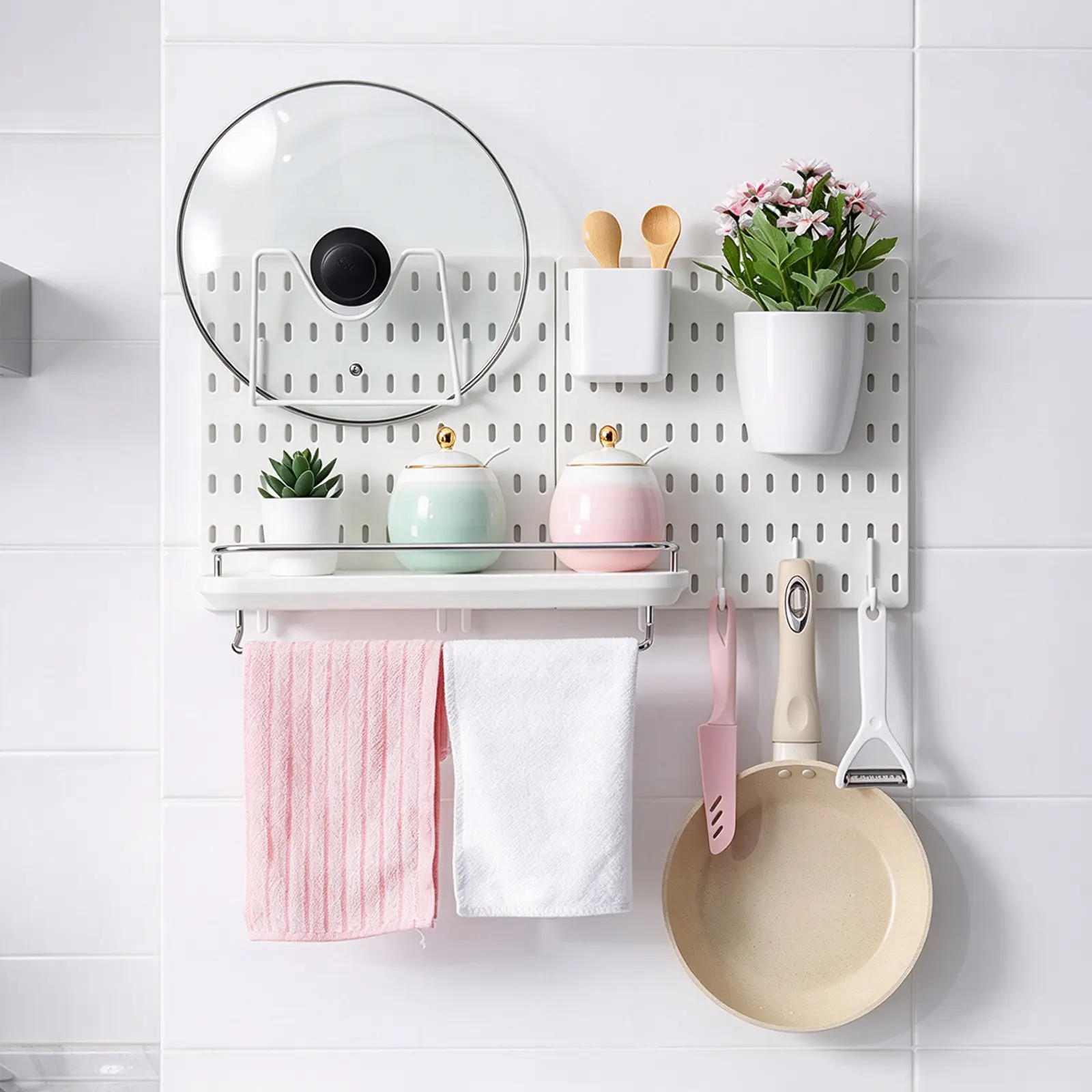 2Pcs White Pegboard Wall Organizer Kit, Modular Hanging Peg Board with Complete Accessories, Multi-Purpose Wall Storage Display for Home, Office, Garage & Craft Room