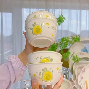 4 Pcs Cartoon Avocado Ceramic Bowl Creative Kawaii Hand-Painted Ceramic Anti-Scald Soup Bowl Home Kitchen Noodle Ramen Tableware Bowl