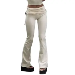 LYD-  Women's Plain Drawstring Ruched Rib Flares Leg Pants, Casual Comfort Drop Waist Bell Bottom Trousers, Summer Outfits 2025, Womenswear, Lady Bottoms, Pants for Women, Flare Pants -LYD fit leopard daily skirt loose wide leg pant