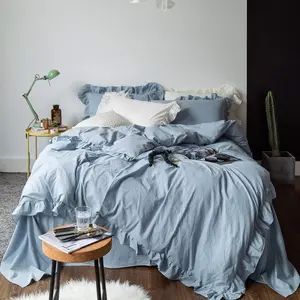 Blue Ruffle Duvet Cover   Washed  Light Blue  Duvet Cover Set 3 count 1 Blue Princess Duvet Cover with Zipper Ties 2 Pillow Shams Luxury Soft Shabby Chic Bedding Set