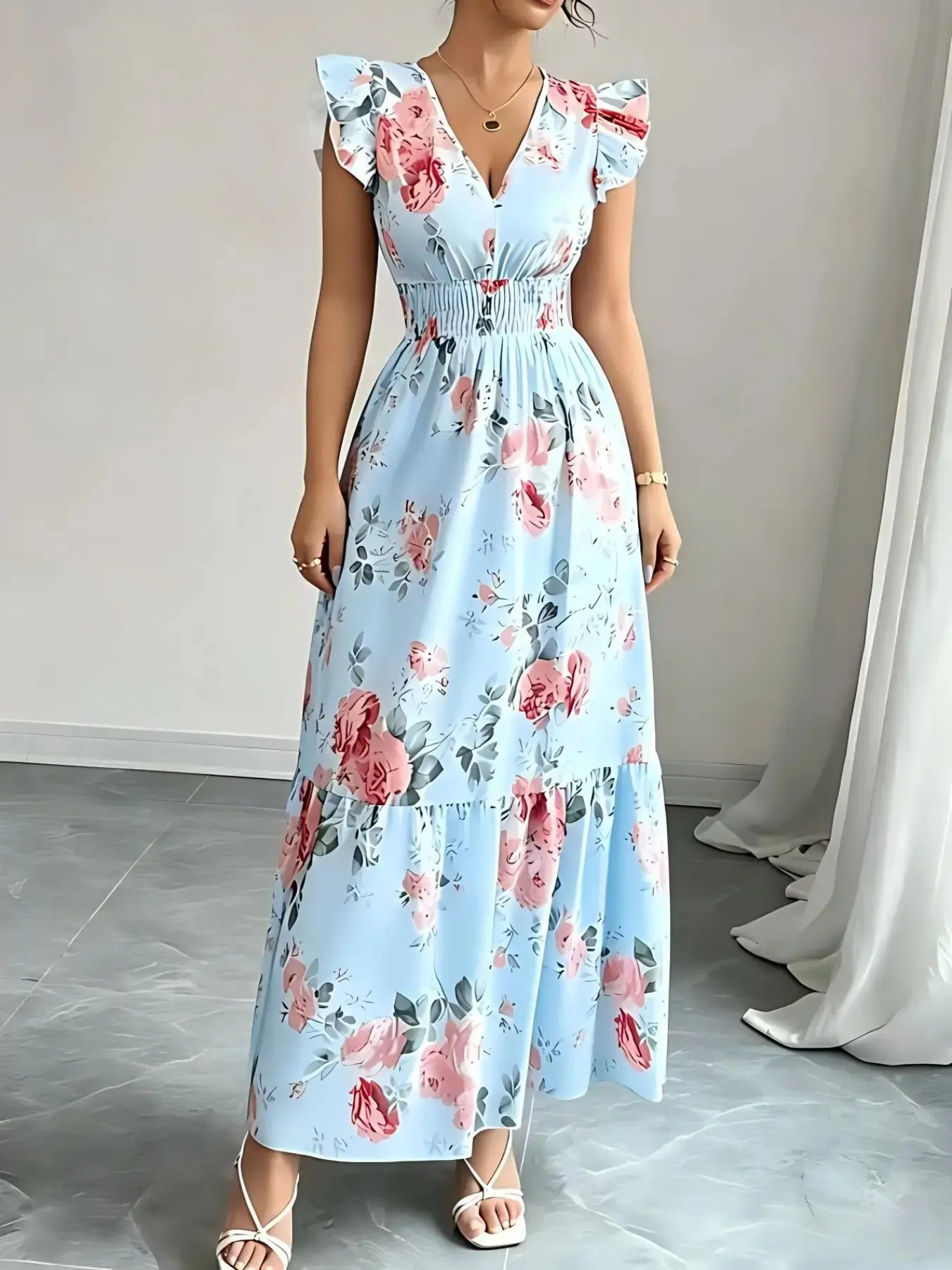 Summer Elegant Women's Ruffled Short Sleeve Long Floral Print Dress, Stylish Casual Wear, Perfect for Parties and Daily