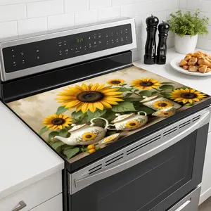 1pc, 2D/Flat, Stove Top Cover for Electric Stove Sunflower Design Stove Top Cover Set for Kitchen Decor and Protection Glass Stove Top Cover, Dish Drying Ceramic Washer Top Mat, Heat Resistant Cooktop Parts & Accessories Oven Cover