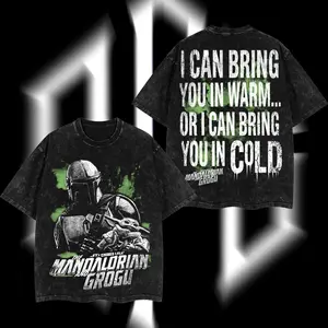 SuperStyle Mandalorian and Grogu: Din Djarin Space Galaxy Warriors Edition Double-Printed Oversize Lightweight Acid-Washed Premium Cotton T-Shirt, Classic Soft Relaxed Fit Apparel, TV/Film Graphic Streetwear Menswear Top