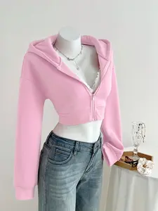 Women's Pink Solid Cropped Hoodie, Y2K Style Zipper Front Pullover with Drawstring, Cute Short Jacket for Spring Streetwear and Casual Layered Outfits
