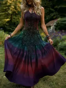 Bohemian Vintage V-Neck Sleeveless Long Dress for Women, Celtic Totem Print Maxi Dress, Perfect for Vacation and Casual Wear