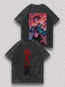 valentine shirts Men's Distressed Reversible T-Shirt - Demon Slayer Tanjiro Flame Battle Graphic, "Demon Slaying" Text, Niche Streetwear Vintage Style Unique Top