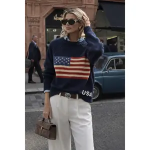 Crop Vintage Acrylic Flag Sweater in Navy