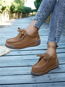 Women's American Retro Style Casual Shoes, Textile Upper Rubber Sole, Round Toe Lace-Up Slip-On Design for All Seasons