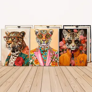 3 Counts Wooden Framed Canvas Painting, Stylish Leopard And Tiger With Glasses Images, Exquisite Poster, Perfect Living Room Decoration, Modern Art, Decorative Artwork, Fashion Family Poster, Wall Art Decoration, Waterproof Art