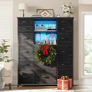 Raybee Furniture 51" H Tall Dresser with Hutch 15 Drawer Dresser for Bedroom with Charging Station & LED Lights, Steel Frame, Wood Top