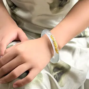 RELLY JEWELRY -  [White Cat-eye Stone Dragon Bangle] TZ010 Shimmering Elegant Classic Oriental Charm Women's Lucky Prosperity Dragon Blessing Lustrous Fashion Daily Office Party Date Festival Gift Jewelry